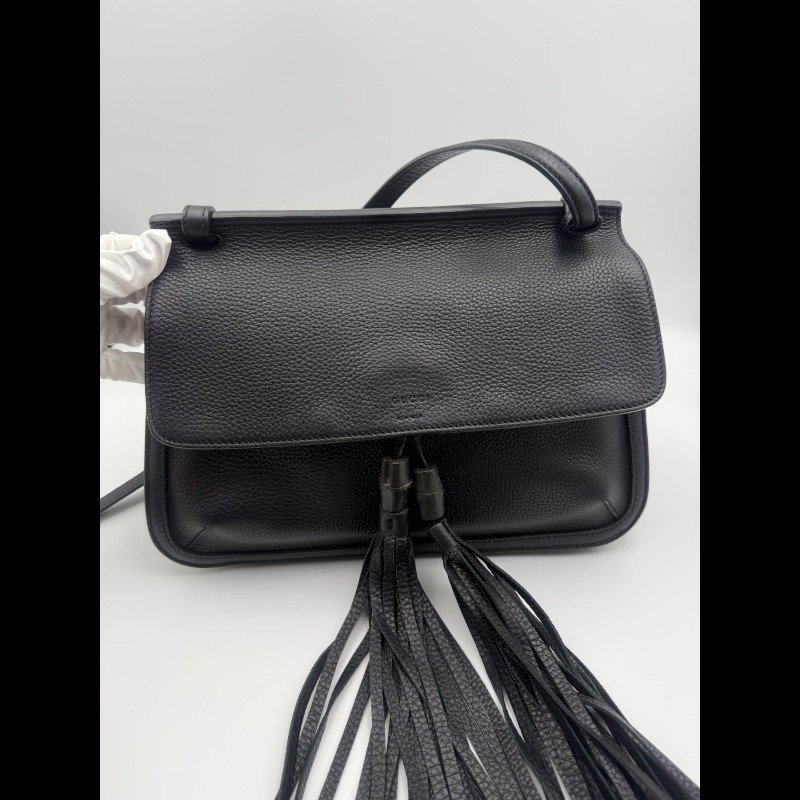 GUCCI古馳 竹節流蘇掛飾 荔枝紋牛皮 單肩包斜挎包 女款 黑色-6