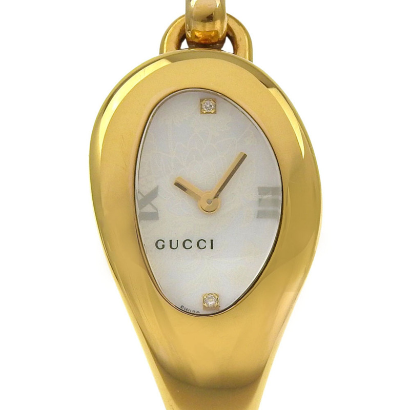 Gucci 馬銜扣腕錶 YA103，鍍金石英機芯，指針式顯示，白色錶盤，女款-0