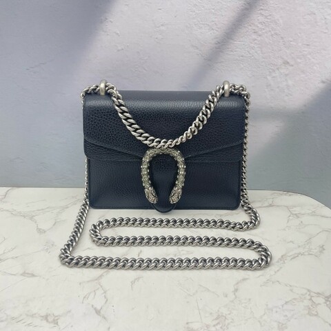 Gucci/古馳 Dionysus 黑色荔枝紋牛皮鑽扣酒神小號鏈條包