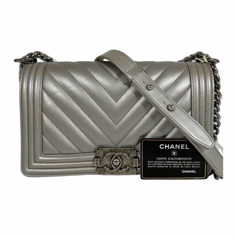 [ 2396］香奈兒 Chanel Leboy  太空銀（荔枝皮) 中號-0