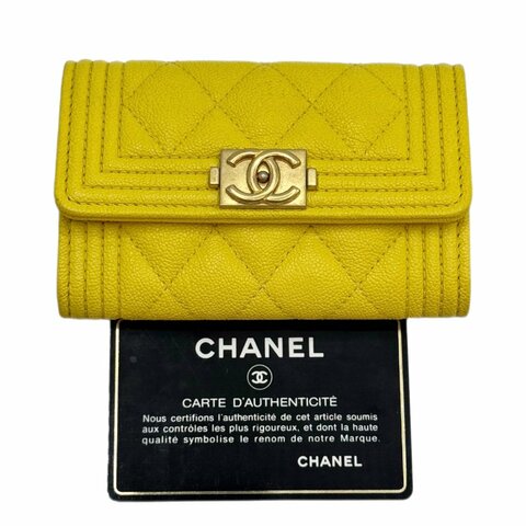 ［1472］香奈兒 Chanel leboy 短款錢包 黃色 金扣 荔枝皮