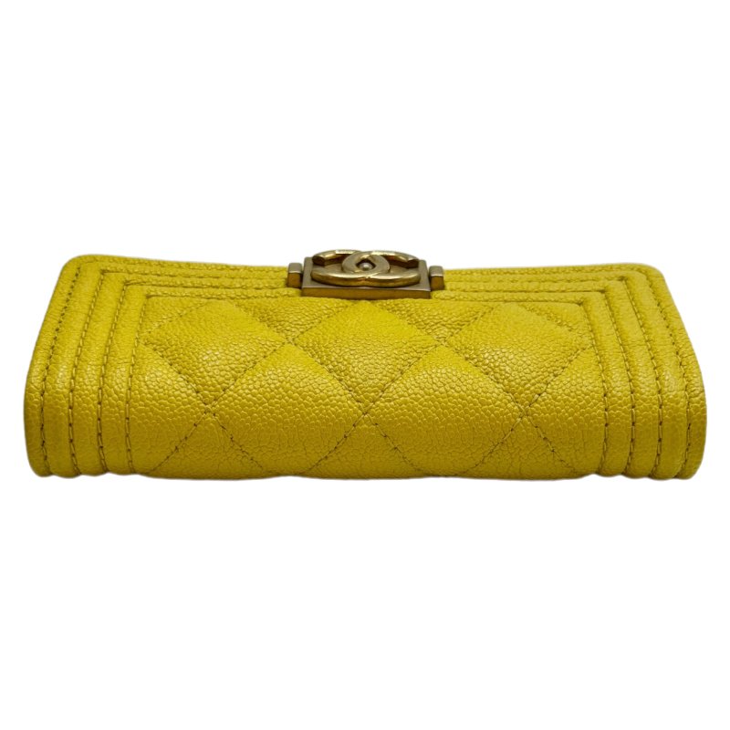 ［1472］香奈兒 Chanel leboy 短款錢包 黃色 金扣 荔枝皮-4