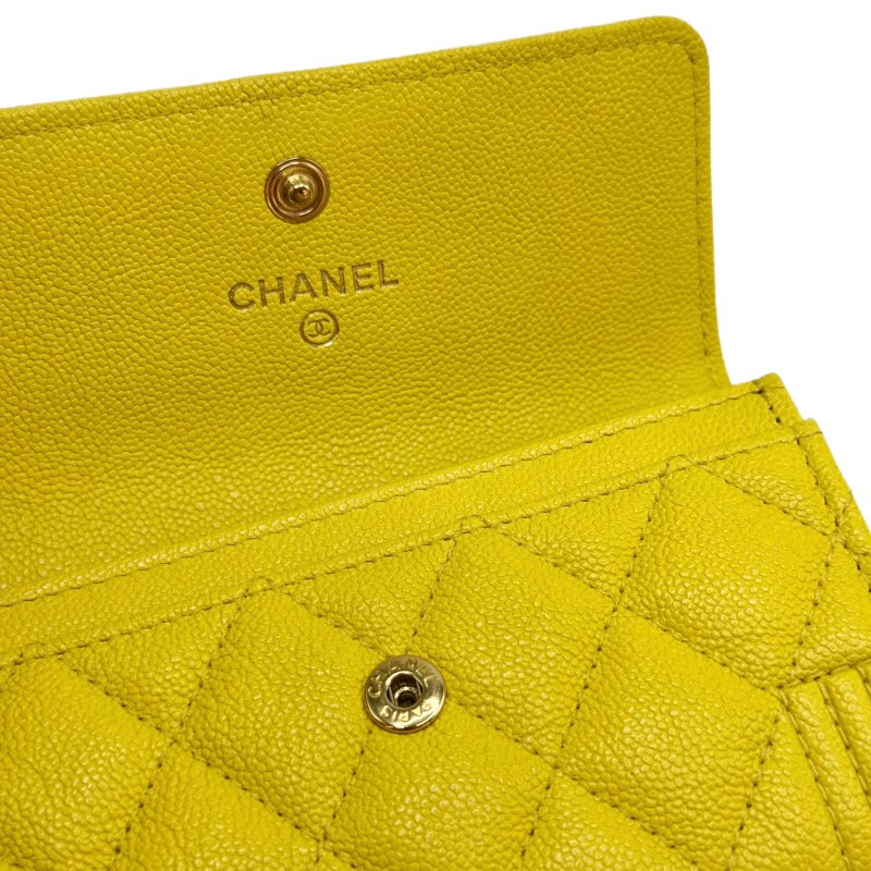 ［1472］香奈兒 Chanel leboy 短款錢包 黃色 金扣 荔枝皮-7