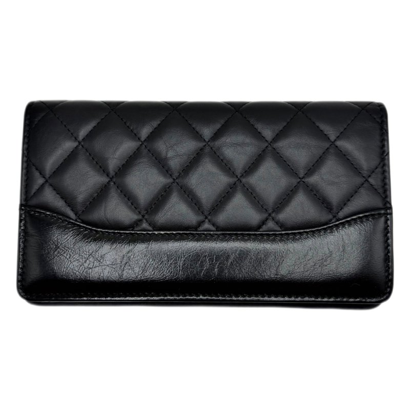 ［1625］香奈兒 CHANEL 黑金雙 C對折長款錢包 荔枝皮-1