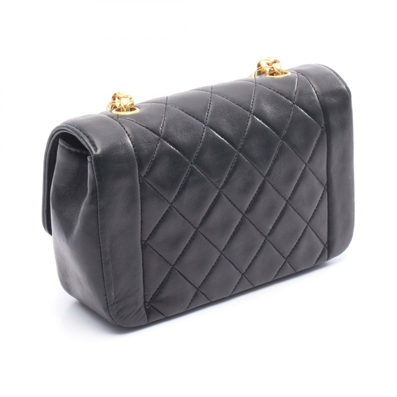 香奈兒迷你絎縫戴安娜翻蓋鏈條肩背斜背包，黑色皮革，金色五金-1