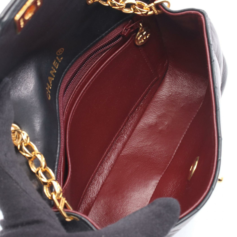 香奈兒迷你絎縫戴安娜翻蓋鏈條肩背斜背包，黑色皮革，金色五金-2