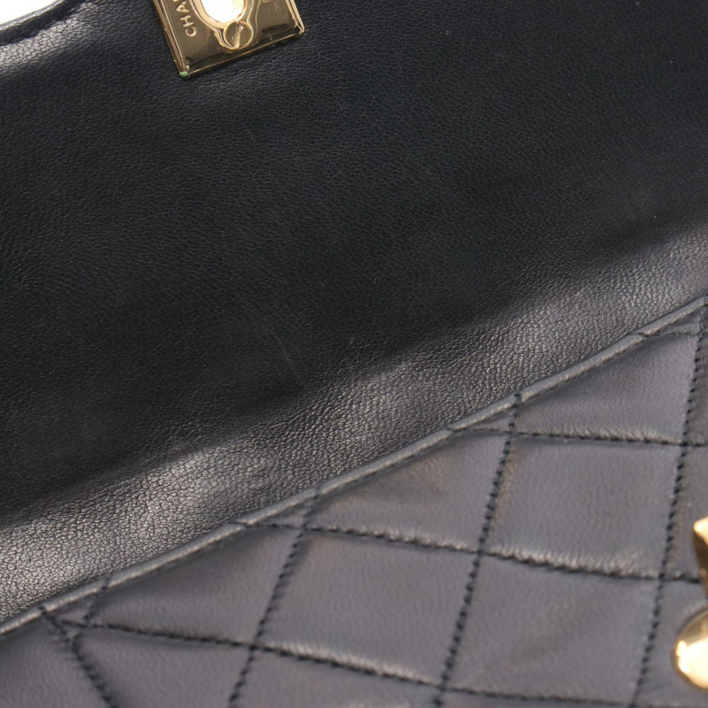 香奈兒迷你絎縫戴安娜翻蓋鏈條肩背斜背包，黑色皮革，金色五金-9