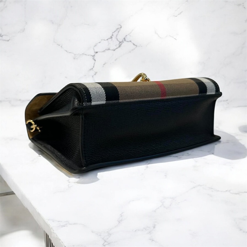 BURBERRY 牛皮拼接緹花布斜背包 黑色-3