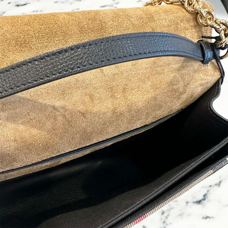 BURBERRY 牛皮拼接緹花布斜背包 黑色-4