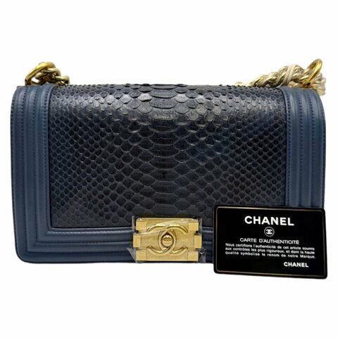 ［2460］香奈兒 CHANEL Leboy 雙C深藍色 LOGO  蟒蛇皮 中號