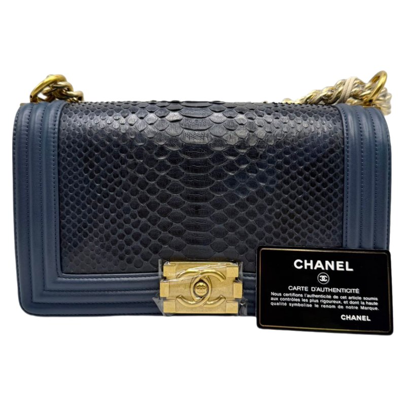 ［2460］香奈兒 CHANEL Leboy 雙C深藍色 LOGO  蟒蛇皮 中號-0