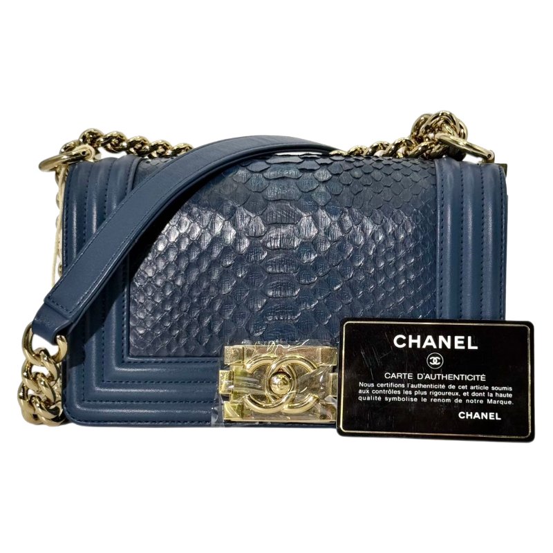 ［2579］香奈兒 CHANEL Leboy 雙C藍色 LOGO 蟒蛇皮 小號-0