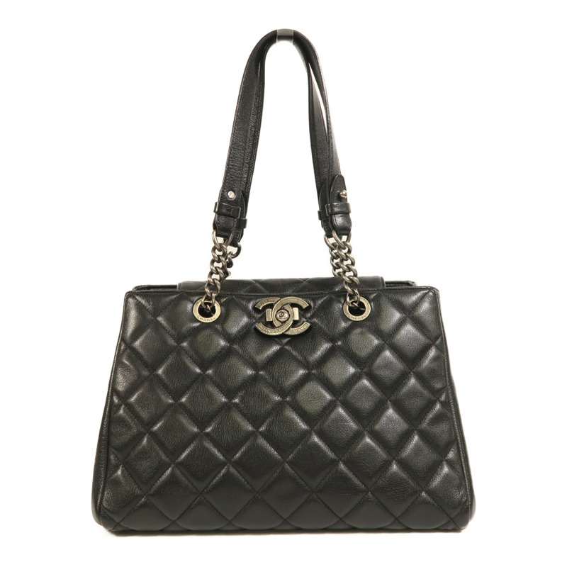 CHANEL 牛皮皮革Tote Bag銀扣肩背袋-0