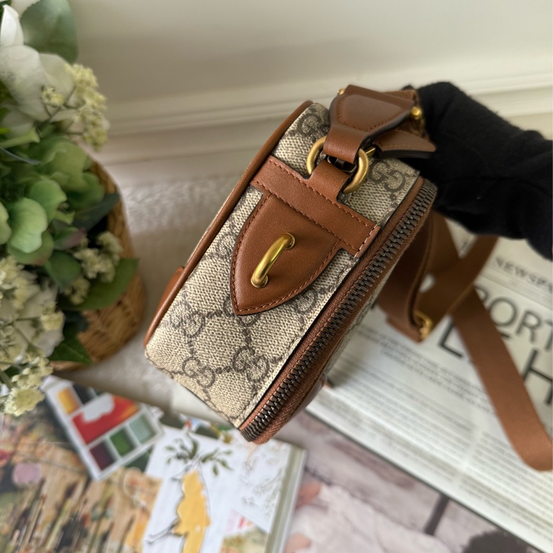 GG Emblem 迷你雙拉鍊斜背包(烏木/深棕色)-4