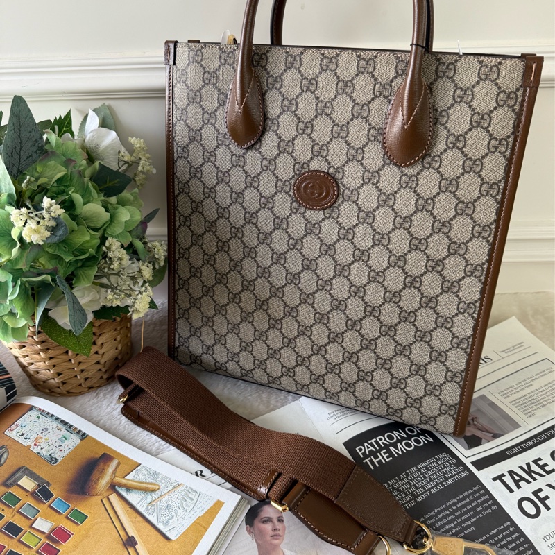 Interlocking G 塗層帆布及皮革托特包(棕色)-0