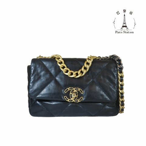 【巴黎站二手名牌專賣店】＊現貨＊CHANEL 香奈兒 真品＊黑色菱格紋皮革19系列金釦26手提斜背包