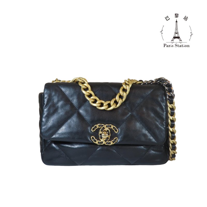 【巴黎站二手名牌專賣店】＊現貨＊CHANEL 香奈兒 真品＊黑色菱格紋皮革19系列金釦26手提斜背包-0
