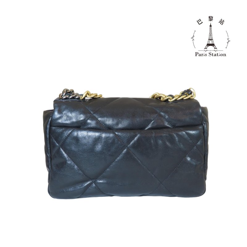 【巴黎站二手名牌專賣店】＊現貨＊CHANEL 香奈兒 真品＊黑色菱格紋皮革19系列金釦26手提斜背包-1