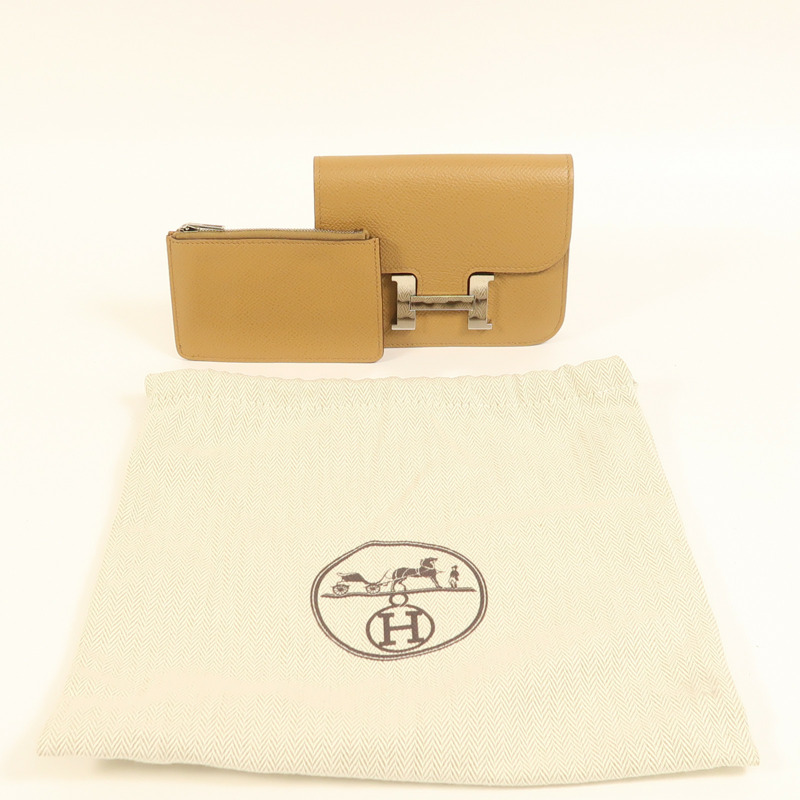 HERMES Evercolor皮革Constance Slim銀扣錢包Biscuit-7