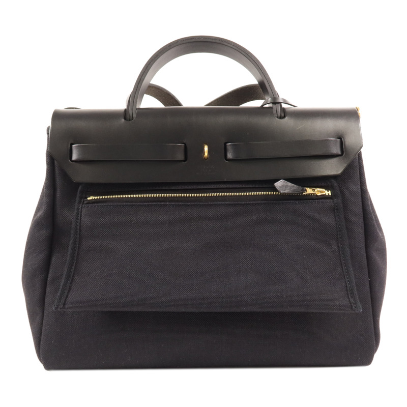 HERMES 帆布/皮革Herbag PM金扣手挽肩背兩用袋Noir-1