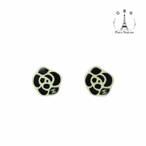 【巴黎站二手名牌專賣店】＊現貨＊CHANEL 香奈兒 真品＊黑/白色樹脂山茶花小雙C夾式耳環