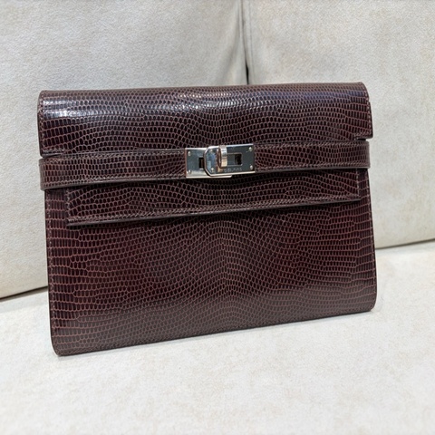 Hermes 愛馬仕蜥蜴皮 烏木色Kelly長夾錢包 裸包框N刻