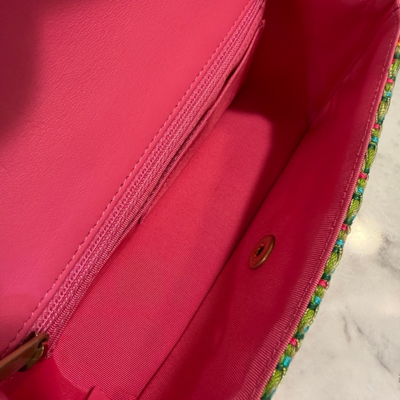 Chanel 粉紅淺綠針織毛呢霧金釦CF20 A69900-13