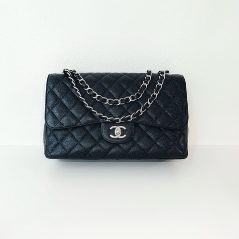 Chanel香奈兒 CF jumbo 荔枝牛黑銀