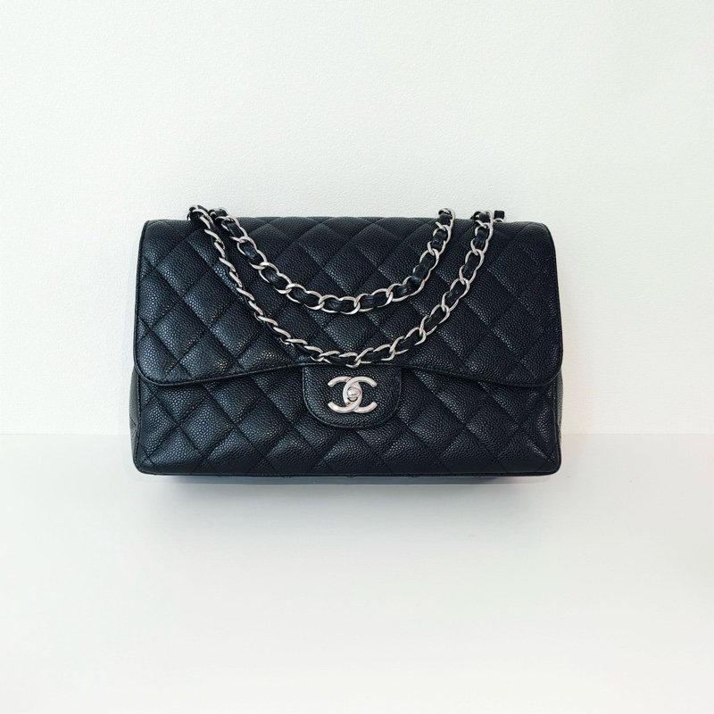 Chanel香奈兒 CF jumbo 荔枝牛黑銀-0