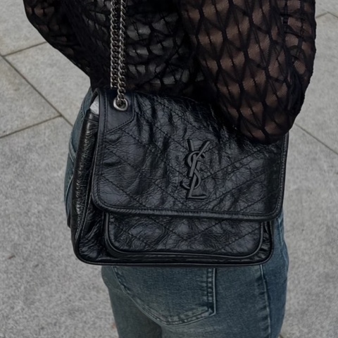 秋冬必備百搭爆款💥🈶購證😻Ysl全皮黑色油蠟皮小號niki 銀鏈單肩斜挎包