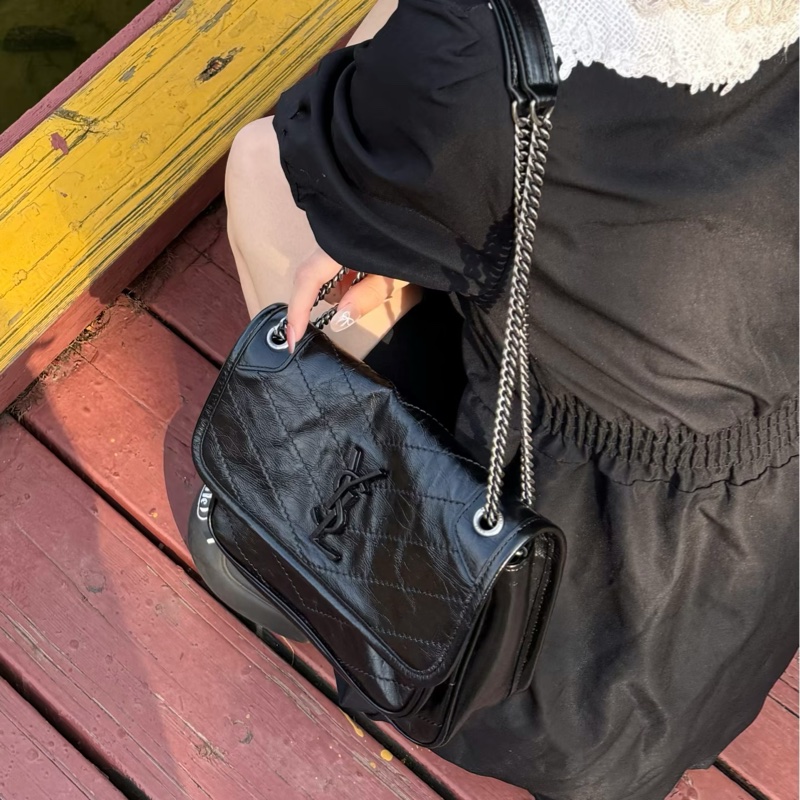 秋冬必備百搭爆款💥🈶購證😻Ysl全皮黑色油蠟皮小號niki 銀鏈單肩斜挎包-3