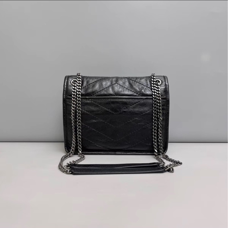 秋冬必備百搭爆款💥🈶購證😻Ysl全皮黑色油蠟皮小號niki 銀鏈單肩斜挎包-10