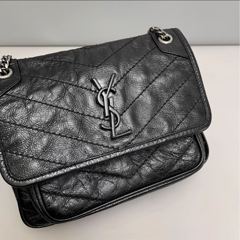 秋冬必備百搭爆款💥🈶購證😻Ysl全皮黑色油蠟皮小號niki 銀鏈單肩斜挎包-11