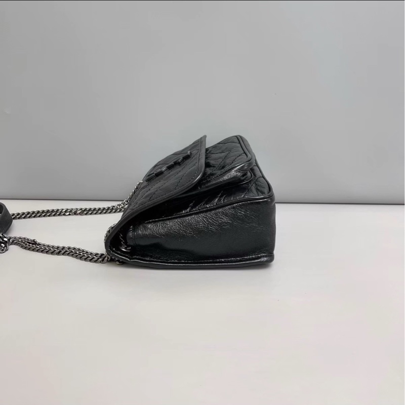 秋冬必備百搭爆款💥🈶購證😻Ysl全皮黑色油蠟皮小號niki 銀鏈單肩斜挎包-12