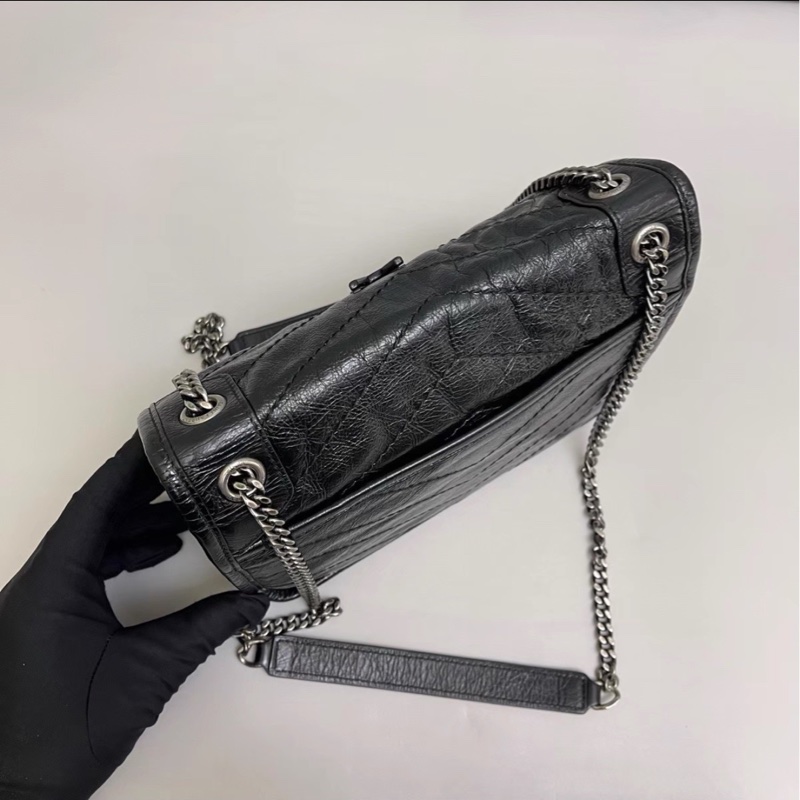 秋冬必備百搭爆款💥🈶購證😻Ysl全皮黑色油蠟皮小號niki 銀鏈單肩斜挎包-14