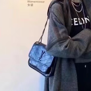 秋冬必備百搭爆款💥🈶購證😻Ysl全皮黑色油蠟皮小號niki 銀鏈單肩斜挎包-19