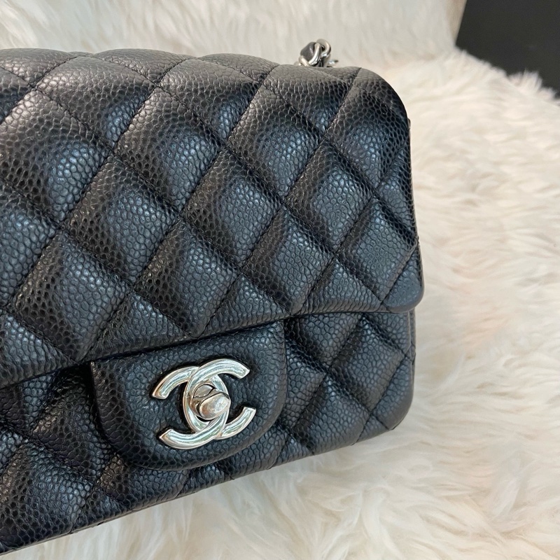 Chanel 荔枝紋 方胖子 黑銀-5