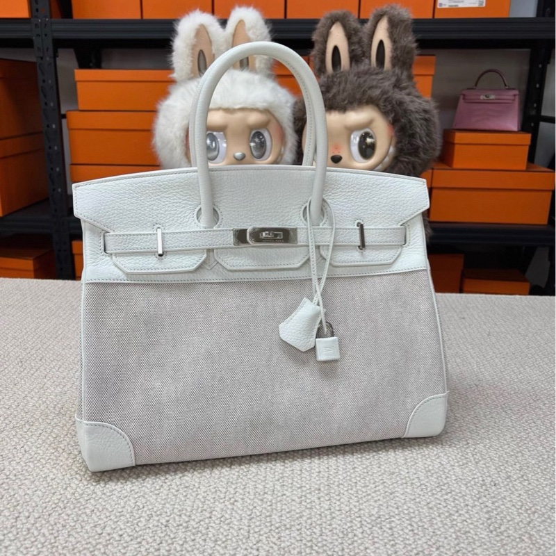 有購証🩷 愛馬仕/Hermes birkin35鉑金包 01純白togo皮拼帆布-2