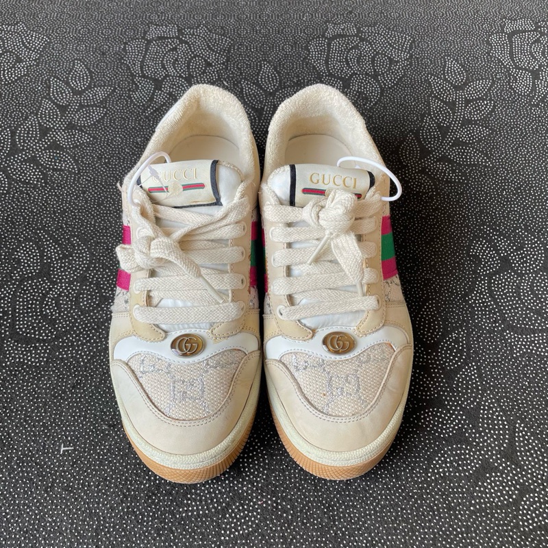 98新gucci米色紅綠織帶髒髒鞋36.5碼成色新磨損小-0
