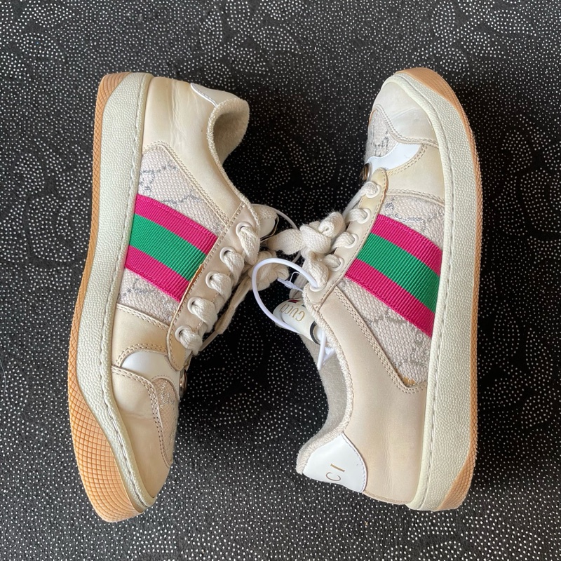 98新gucci米色紅綠織帶髒髒鞋36.5碼成色新磨損小-7