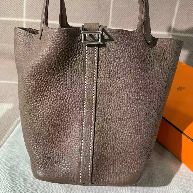 Hermes 愛馬仕水桶 18 大象灰 tc 皮銀扣 D刻 菜籃子-6