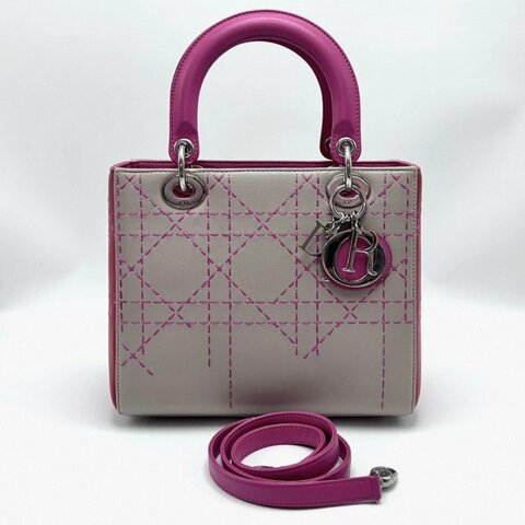 DIOR 拼色銀扣五格戴妃手提斜背包 24*20*12 98新配件塵袋