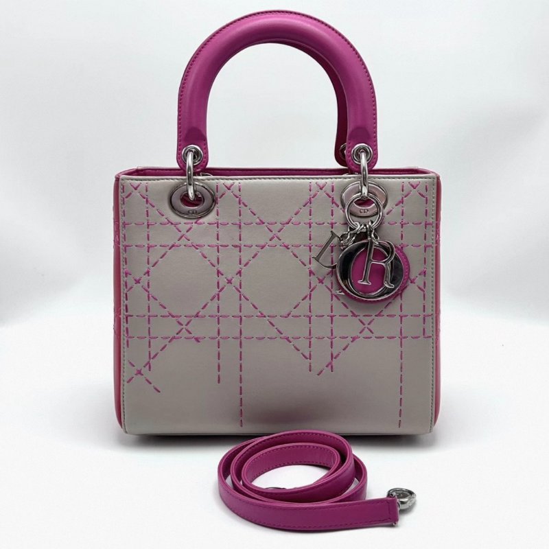 DIOR 拼色銀扣五格戴妃手提斜背包 24*20*12 98新配件塵袋-0