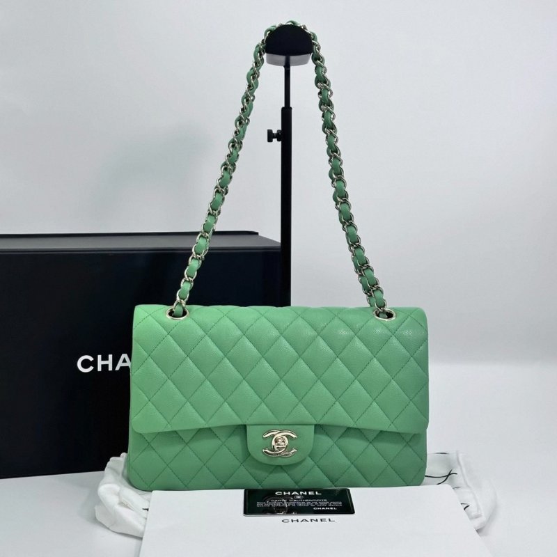 CHANEL  CF中號綠金荔枝牛皮肩背斜背包 25*15*6.5 98新配件盒子塵袋保卡-0