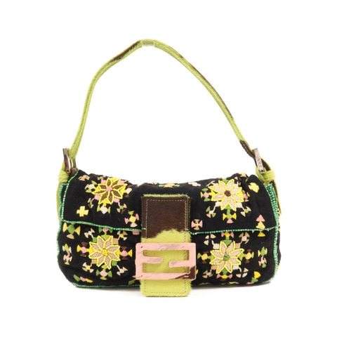 FENDI 棉質/馬毛Baguette銀扣肩背袋