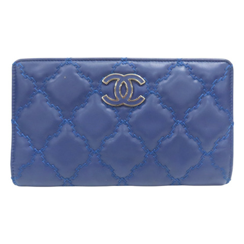 藍色羊皮 菱格紋 兩折 長夾 無卡【CHANEL 香奈兒】