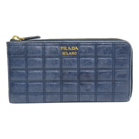 藍色 格紋壓紋 皮革 拉鍊長夾【PRADA 普拉達】
