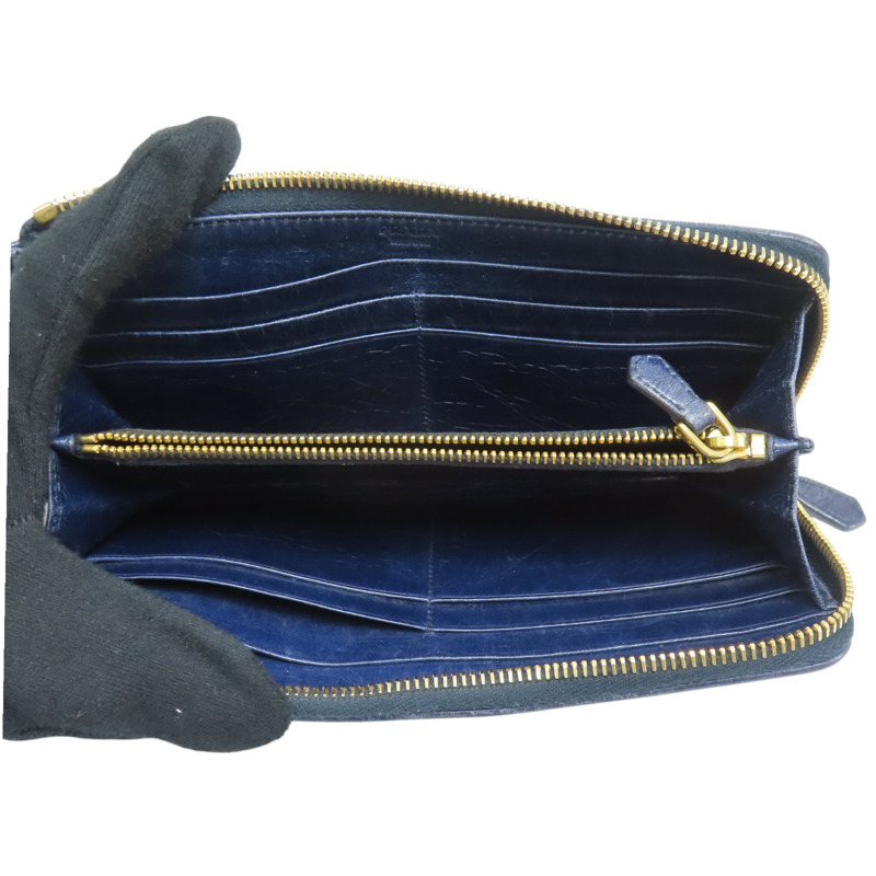 藍色 格紋壓紋 皮革 拉鍊長夾【PRADA 普拉達】-4