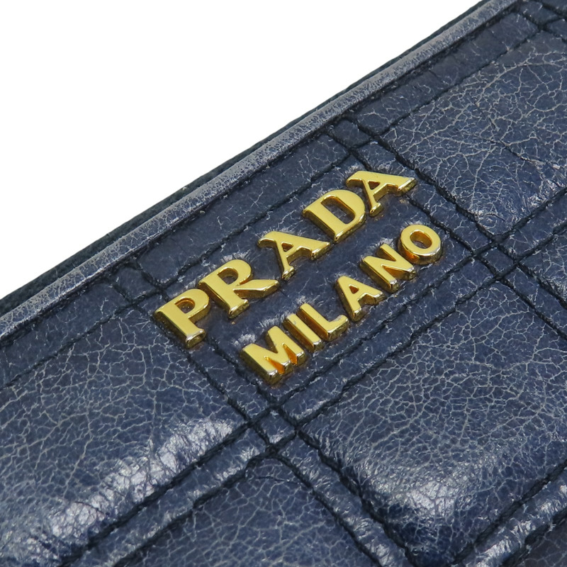 藍色 格紋壓紋 皮革 拉鍊長夾【PRADA 普拉達】-11