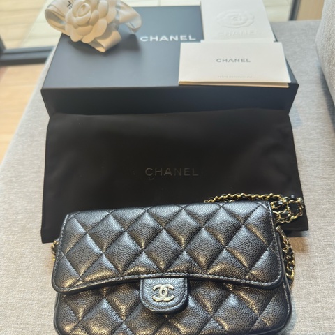 Chanel黑金荔枝皮  芯片手機皮夾包（99新大全套）